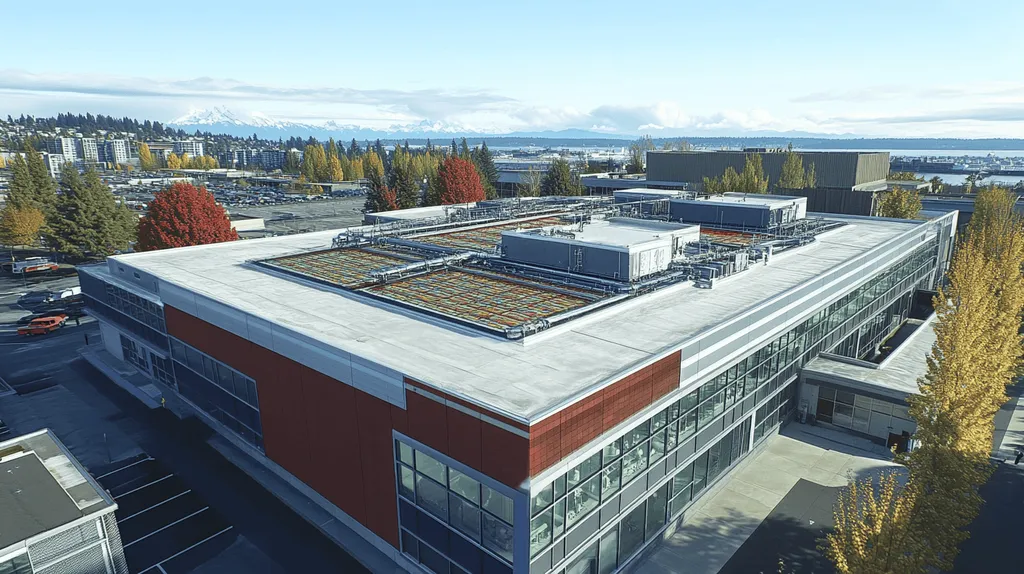 A commercial roof on a research laboratory in a location similar to Seattle with a stained glass style aesthetic (AI image)