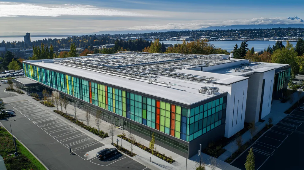 A commercial roof on a research laboratory in a location similar to Seattle with a stained glass style aesthetic (AI image)