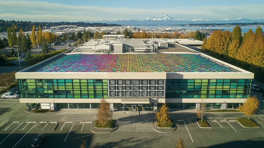 A commercial roof on a research laboratory in a location similar to Seattle with a stained glass style aesthetic (AI image)