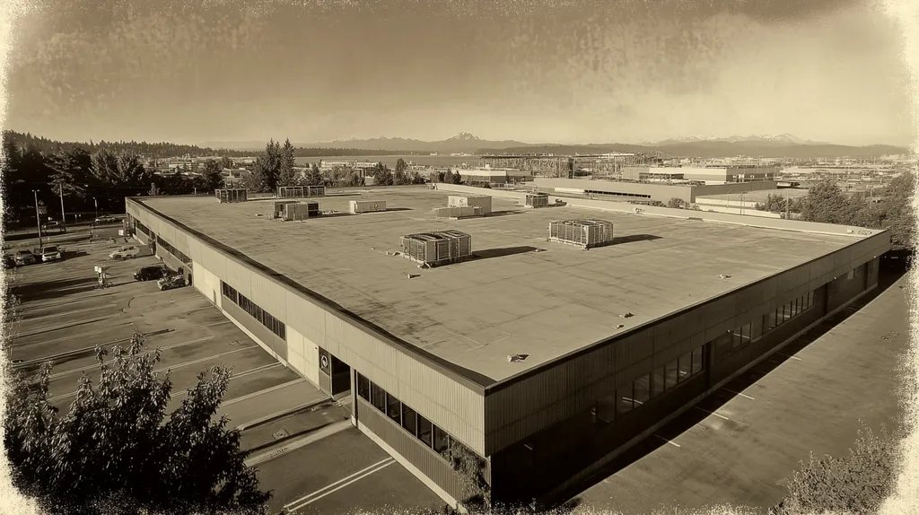 A commercial roof on a research laboratory in a location similar to Seattle with a tintype aesthetic (AI image)