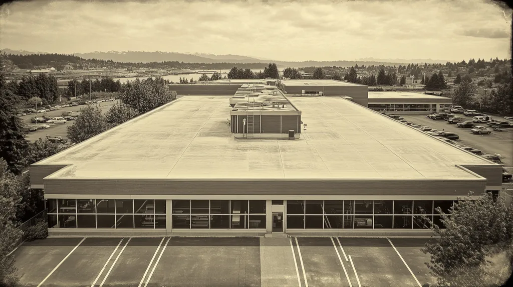 A commercial roof on a research laboratory in a location similar to Seattle with a tintype aesthetic (AI image)