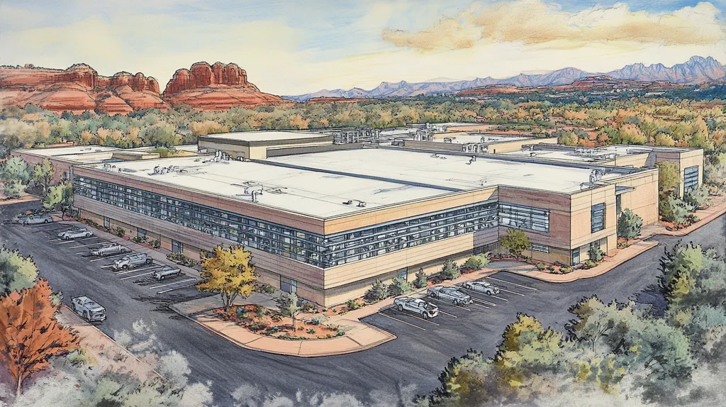 A commercial roof on a laboratory in a location similar to Sedona with a charcoal sketch aesthetic (AI image)