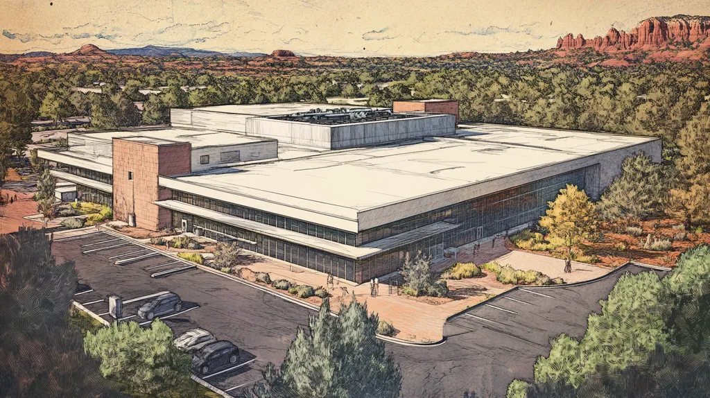 A commercial roof on a research laboratory in a location similar to Sedona with a charcoal sketch aesthetic (AI image)