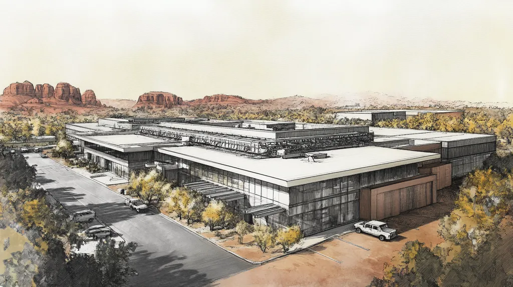 A commercial roof on a research laboratory in a location similar to Sedona with a charcoal sketch aesthetic (AI image)