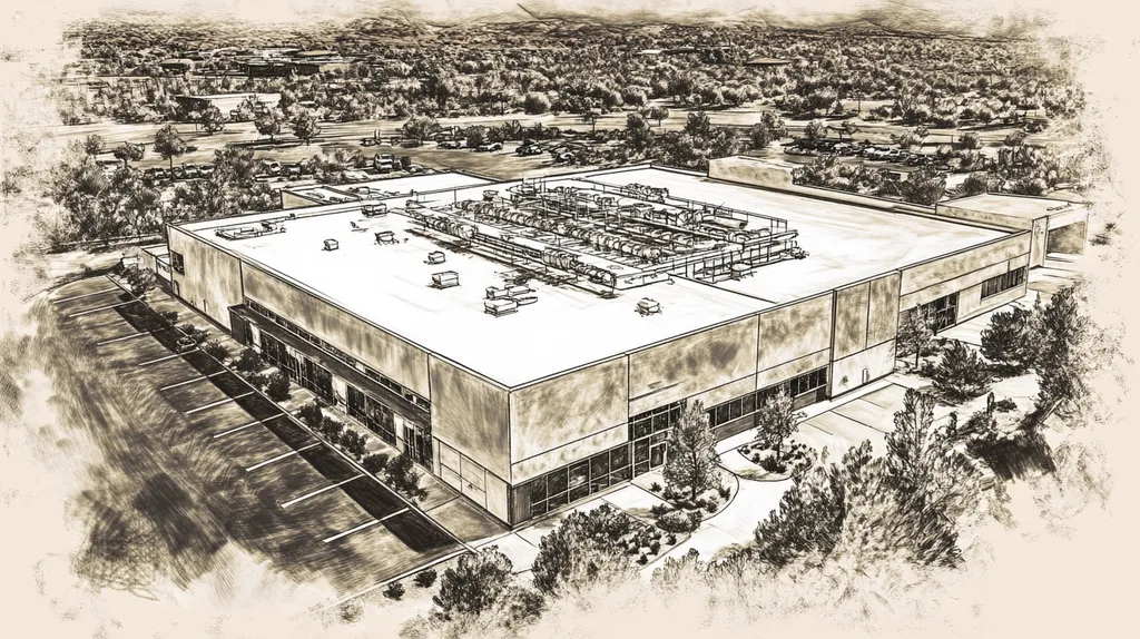 A commercial roof on a research laboratory in a location similar to Sedona with a charcoal sketch aesthetic (AI image)