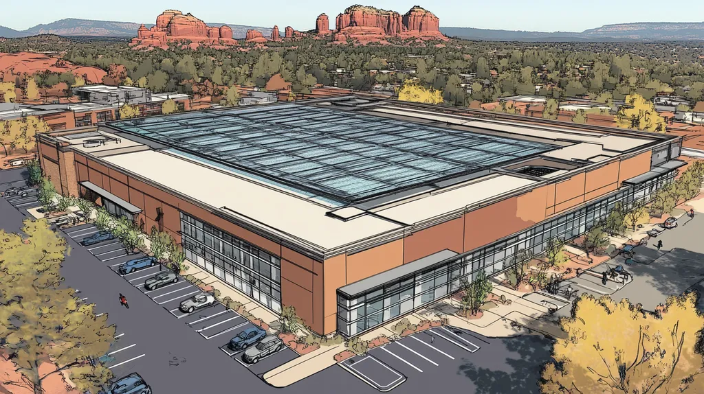 A commercial roof on a research laboratory in a location similar to Sedona with a comic book style aesthetic (AI image)