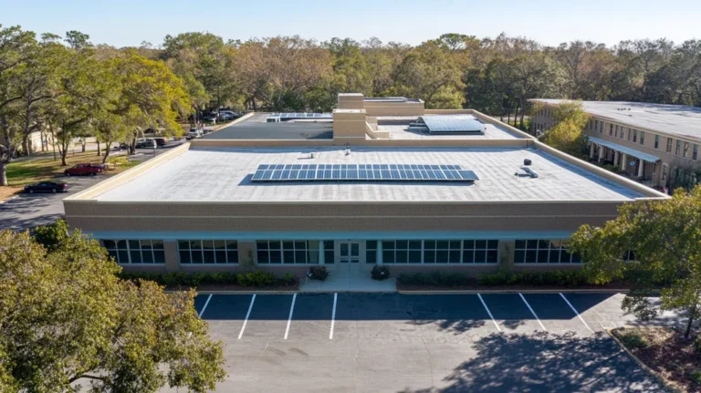 A commercial roof on a school in a location similar to Savannah with a color highlight aesthetic (AI image)