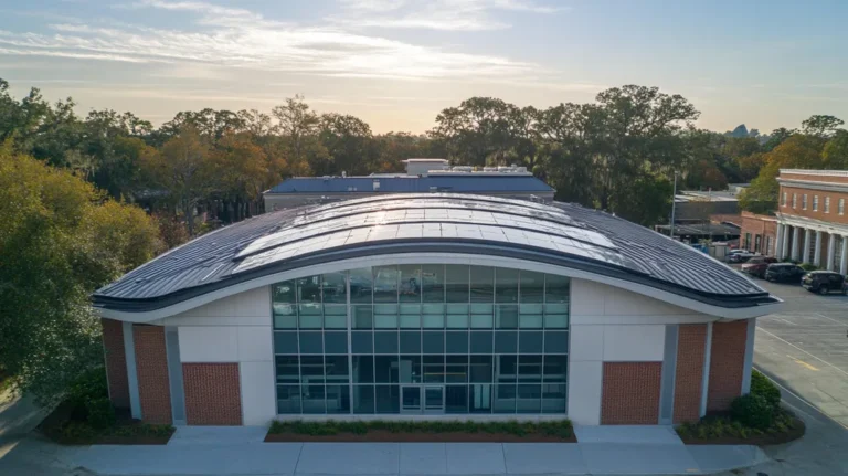 A commercial roof on a school in a location similar to Savannah with a futuristic aesthetic (AI image)