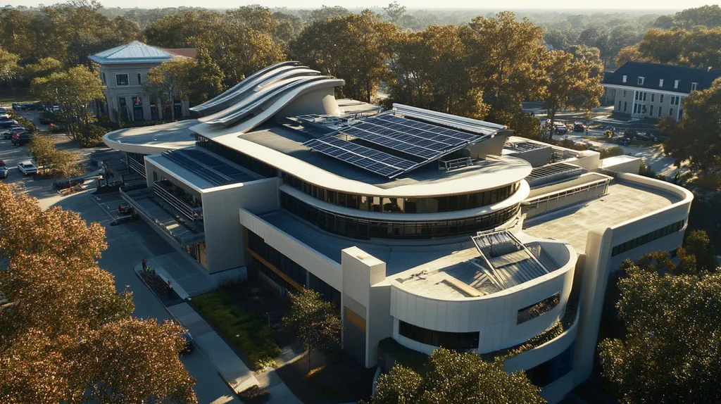 A commercial roof on a school in a location similar to Savannah with a futuristic aesthetic (AI image)
