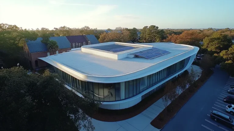 A commercial roof on a school in a location similar to Savannah with a futuristic aesthetic (AI image)