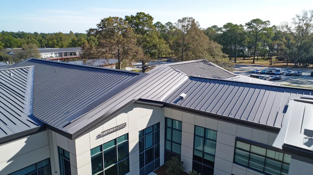 A commercial roof on a school in a location similar to Savannah with a stainless steel aesthetic (AI image)