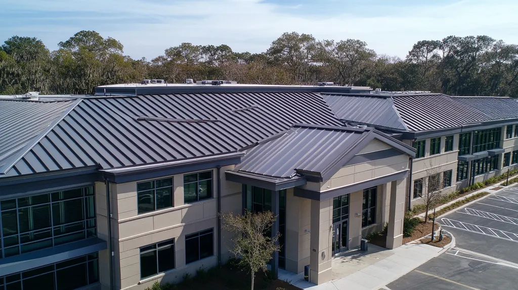 A commercial roof on a school in a location similar to Savannah with a stainless steel aesthetic (AI image)