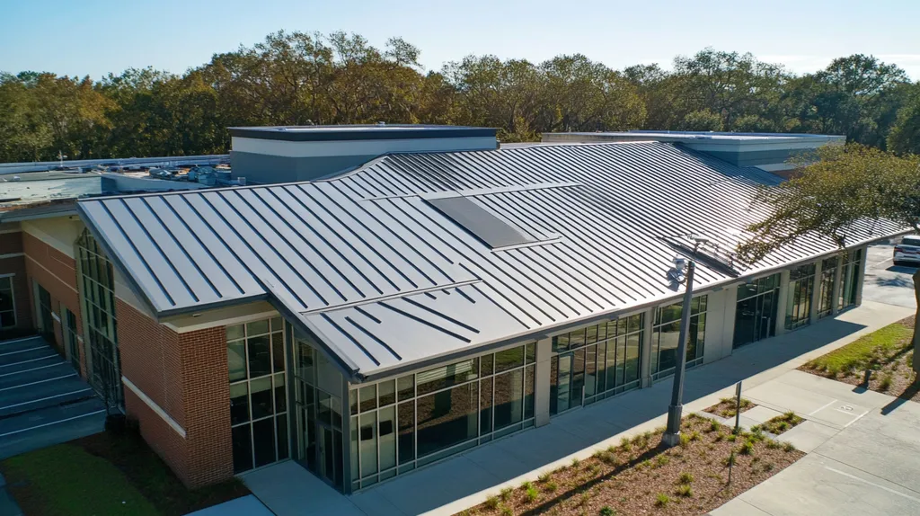 A commercial roof on a school in a location similar to Savannah with a stainless steel aesthetic (AI image)