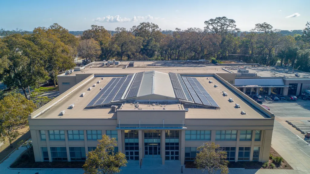 A commercial roof on a school in a location similar to Savannah with an urban context aesthetic (AI image)