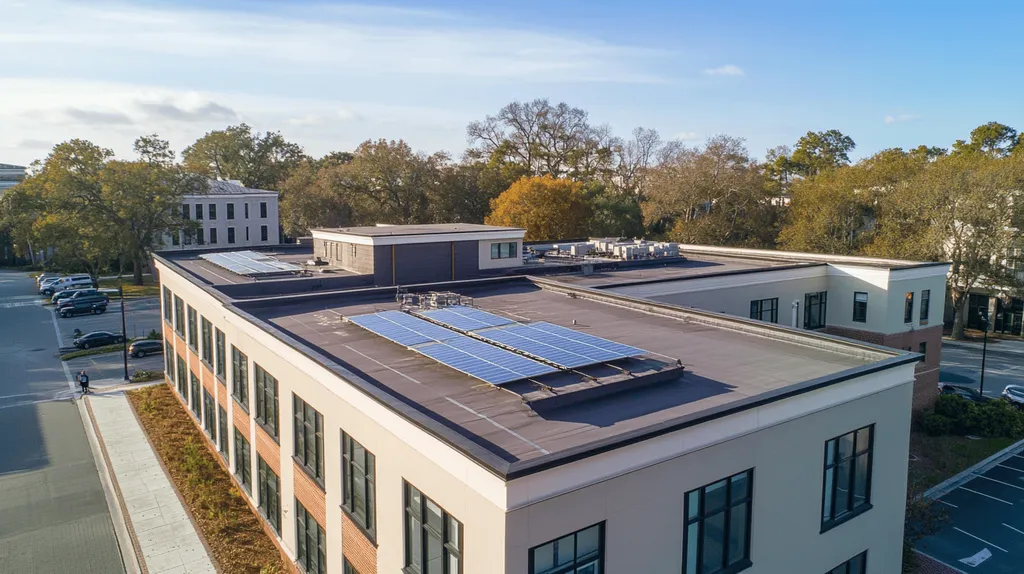 A commercial roof on a school in a location similar to Savannah with an urban context aesthetic (AI image)