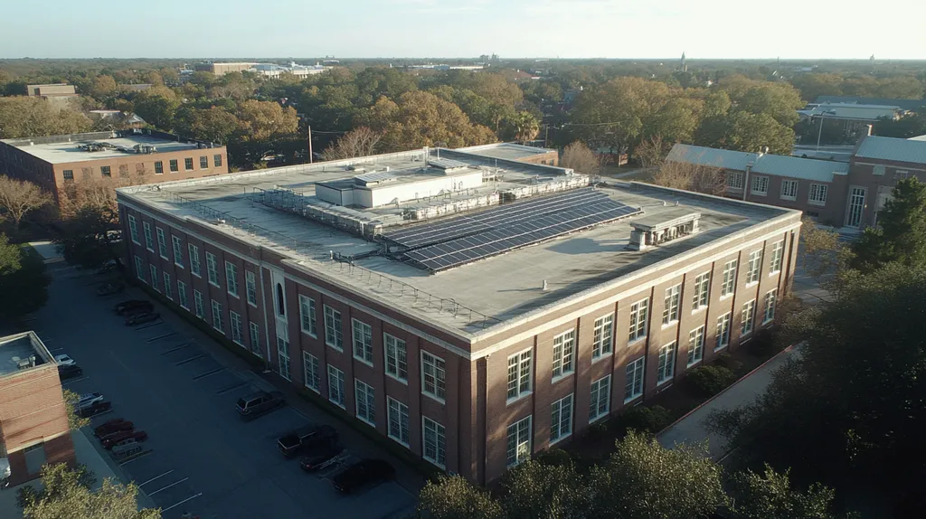 A commercial roof on a school in a location similar to Savannah with an urban context aesthetic (AI image)