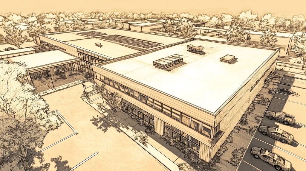 A commercial roof on a school in a location similar to Scottsdale with an architectural sketch rendering aesthetic (AI image)
