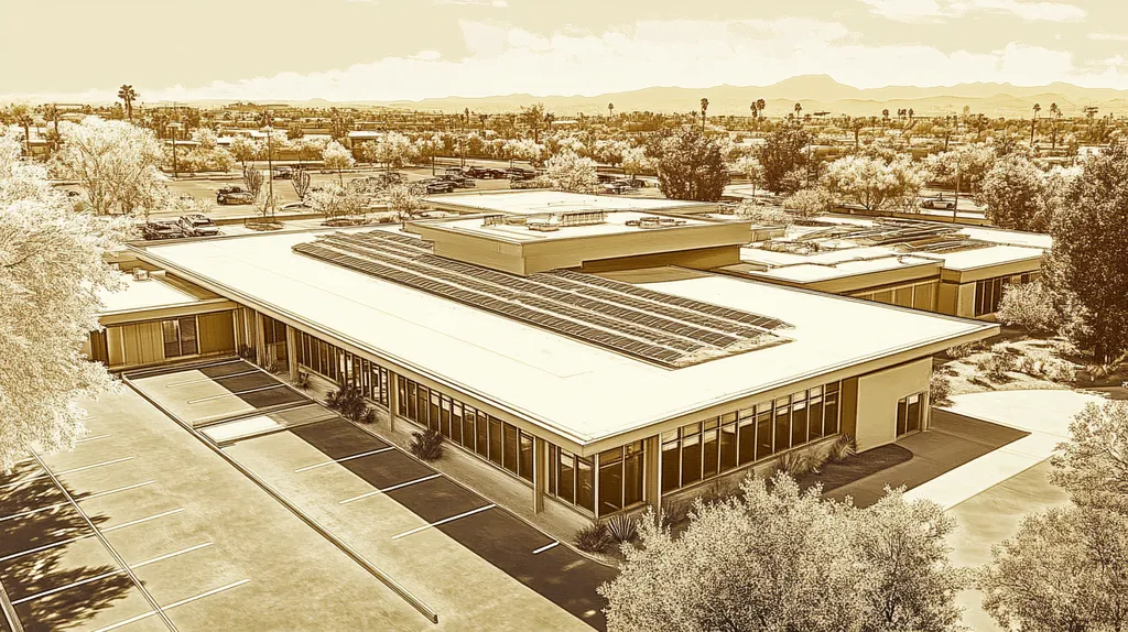 A commercial roof on a school in a location similar to Scottsdale with an architectural sketch rendering aesthetic (AI image)