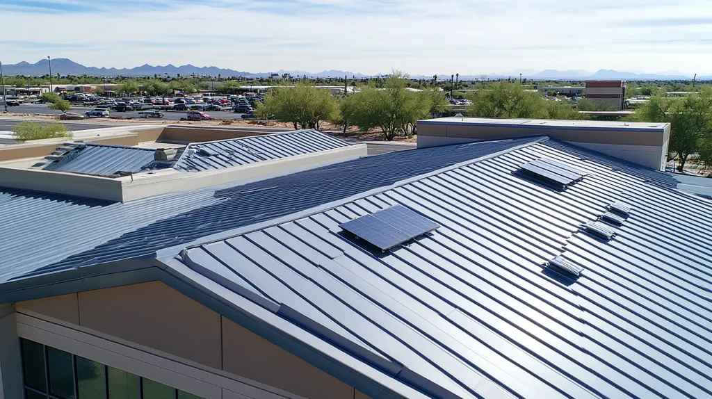 A commercial roof on a school in a location similar to Scottsdale with a futuristic aesthetic (AI image)