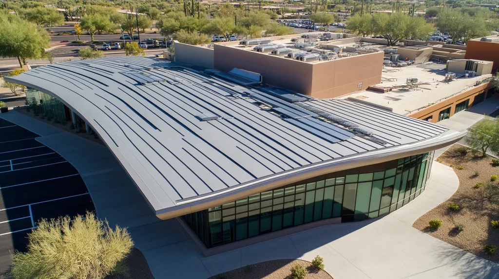 A commercial roof on a school in a location similar to Scottsdale with a futuristic aesthetic (AI image)