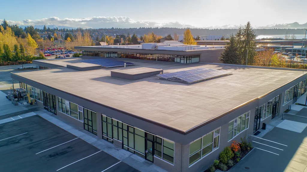 A commercial roof on a school in a location similar to Seattle with a charcoal sketch aesthetic (AI image)