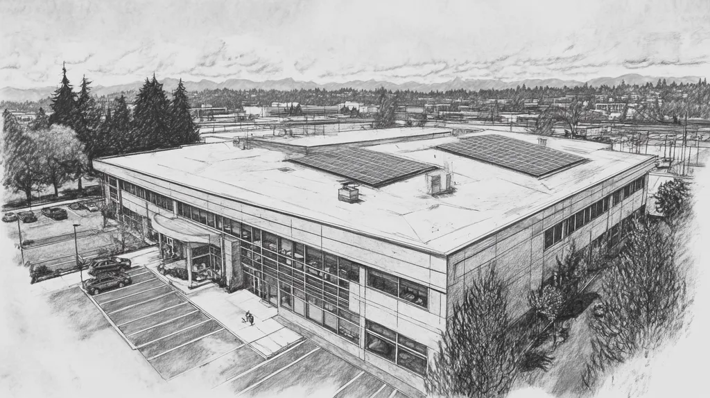 A commercial roof on a school in a location similar to Seattle with a charcoal sketch aesthetic (AI image)