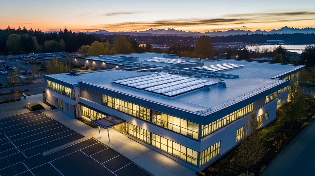 A commercial roof on a school in a location similar to Seattle with an illuminated nightscape aesthetic (AI image)