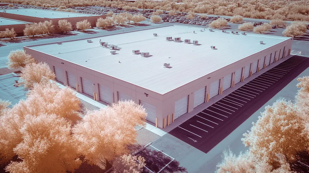 A commercial roof on a storage facility in a location similar to Scottsdale with an infrared photography aesthetic (AI image)