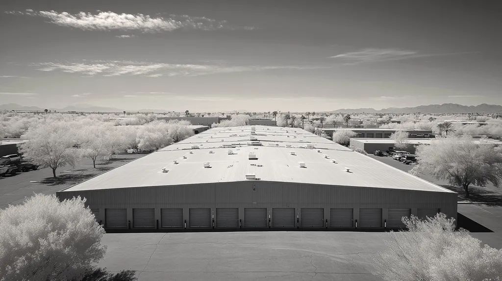 A commercial roof on a storage facility in a location similar to Scottsdale with an infrared photography aesthetic (AI image)