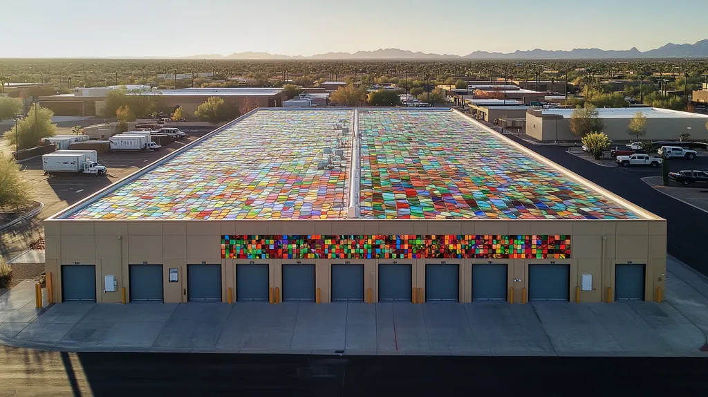 A commercial roof on a storage facility in a location similar to Scottsdale with a stained glass style aesthetic (AI image)