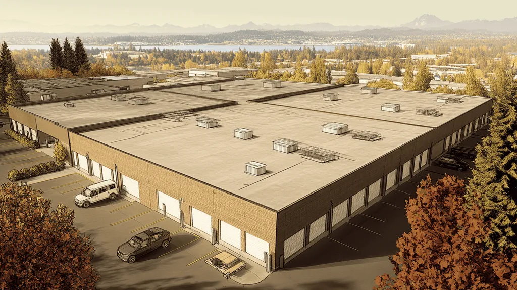 A commercial roof on a storage facility in a location similar to Seattle with an architectural sketch rendering aesthetic (AI image)