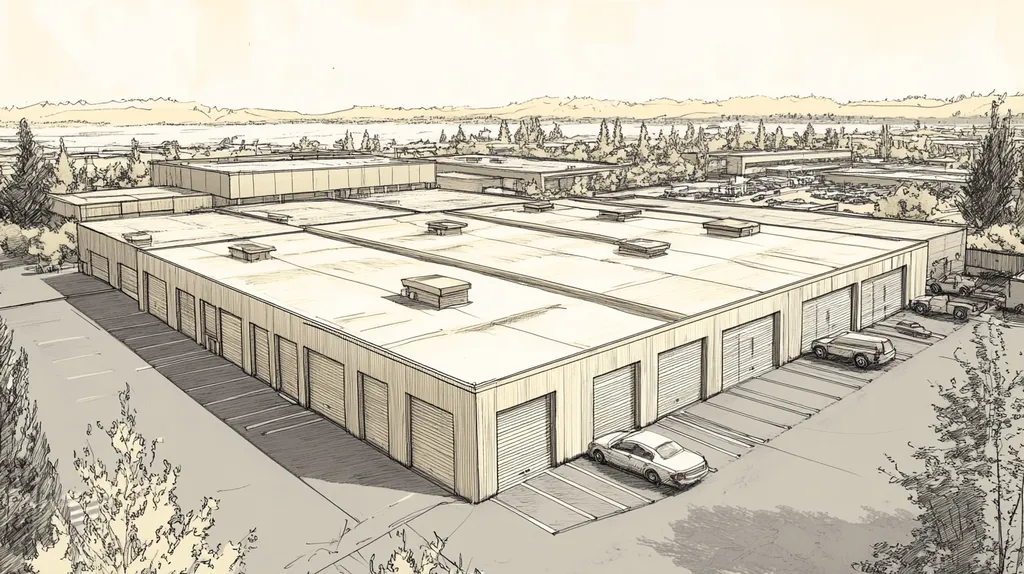 A commercial roof on a storage facility in a location similar to Seattle with an architectural sketch rendering aesthetic (AI image)
