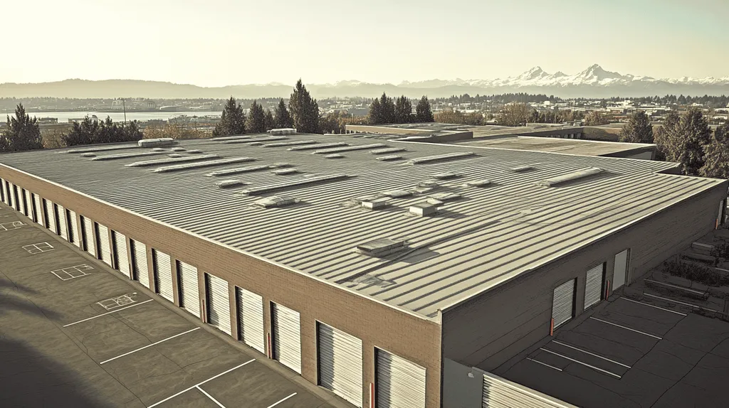 A commercial roof on a storage facility in a location similar to Seattle with an architectural sketch rendering aesthetic (AI image)