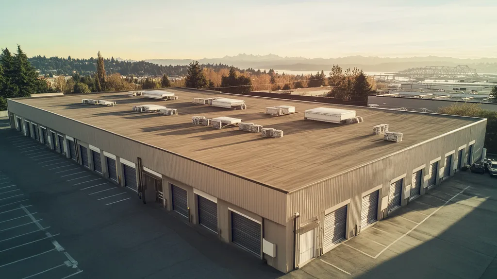 A commercial roof on a storage facility in a location similar to Seattle with an architectural sketch rendering aesthetic (AI image)