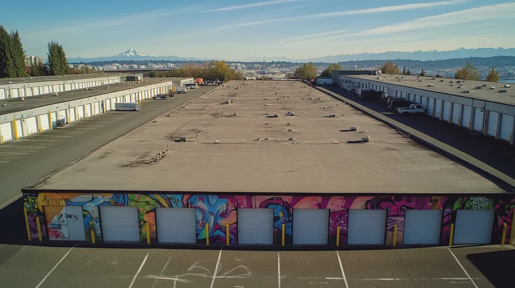 A commercial roof on a storage facility in a location similar to Seattle with a graffiti mural aesthetic (AI image)