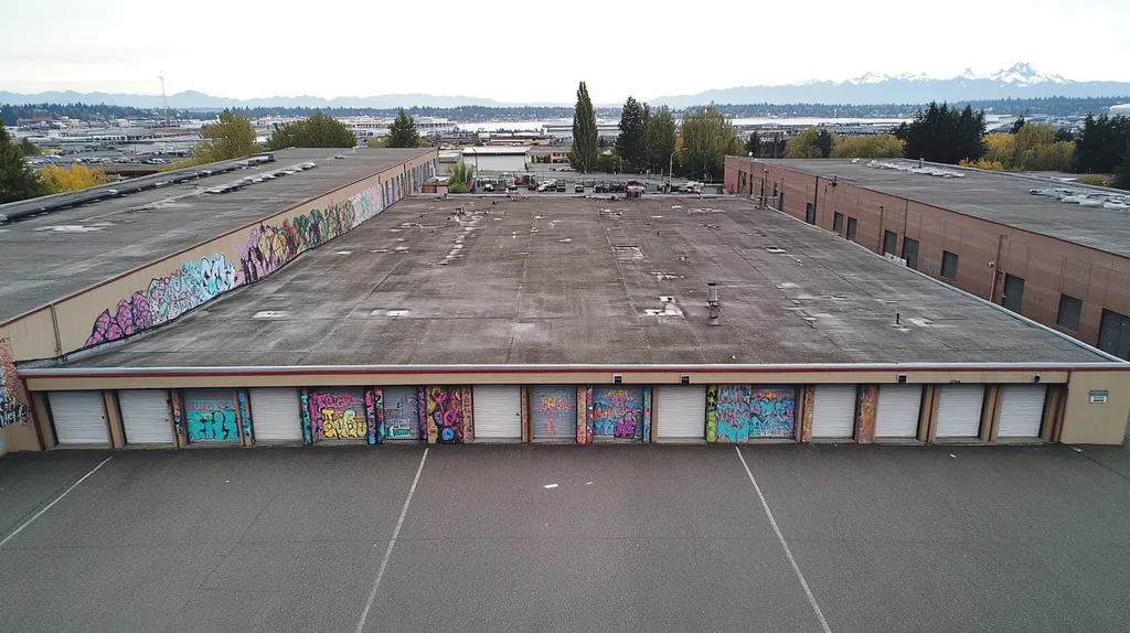 A commercial roof on a storage facility in a location similar to Seattle with a graffiti mural aesthetic (AI image)