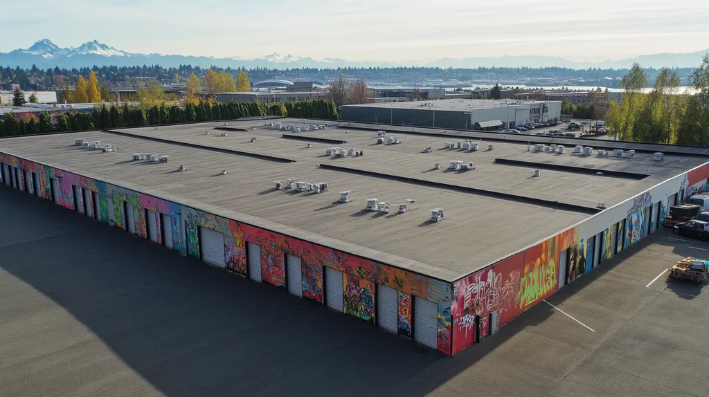 A commercial roof on a storage facility in a location similar to Seattle with a graffiti mural aesthetic (AI image)