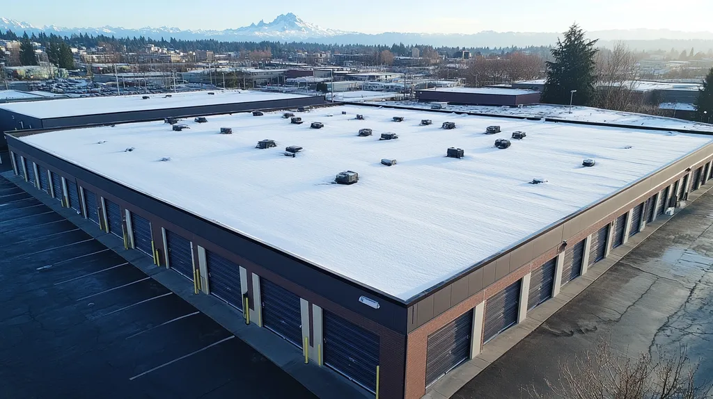 A commercial roof on a storage facility in a location similar to Seattle with a snowy day aesthetic (AI image)
