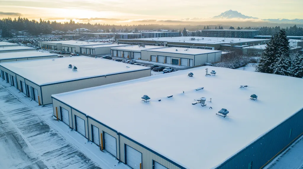 A commercial roof on a storage facility in a location similar to Seattle with a snowy day aesthetic (AI image)