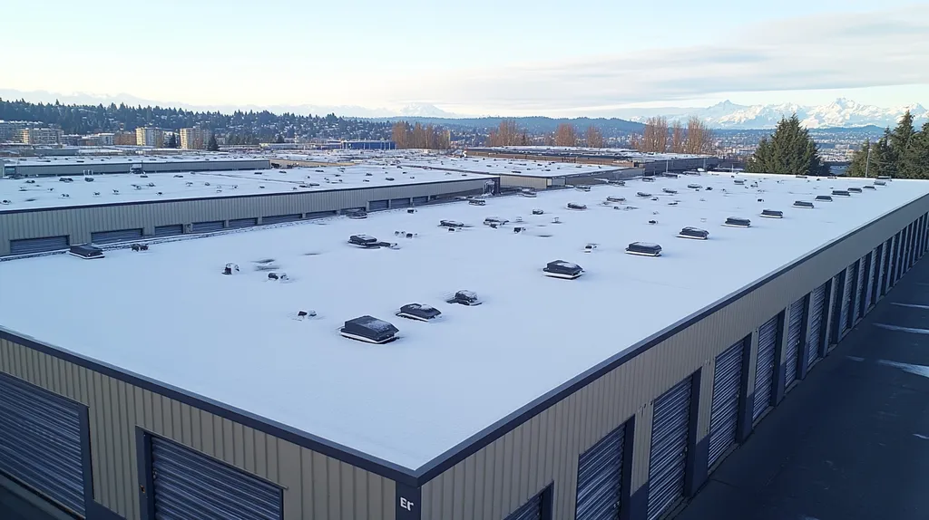 A commercial roof on a storage facility in a location similar to Seattle with a snowy day aesthetic (AI image)