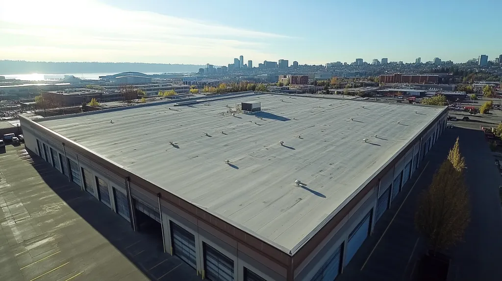 A commercial roof on a warehouse in a location similar to Seattle with an urban context aesthetic (AI image)