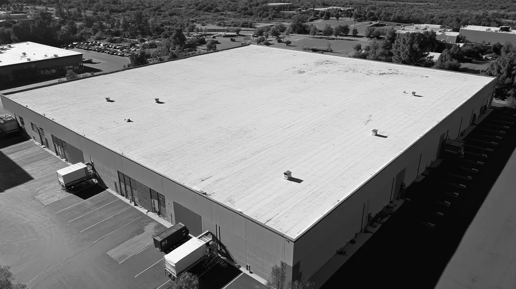 A commercial roof on a warehouse in a location similar to Sedona with a black and white photography aesthetic (AI image)