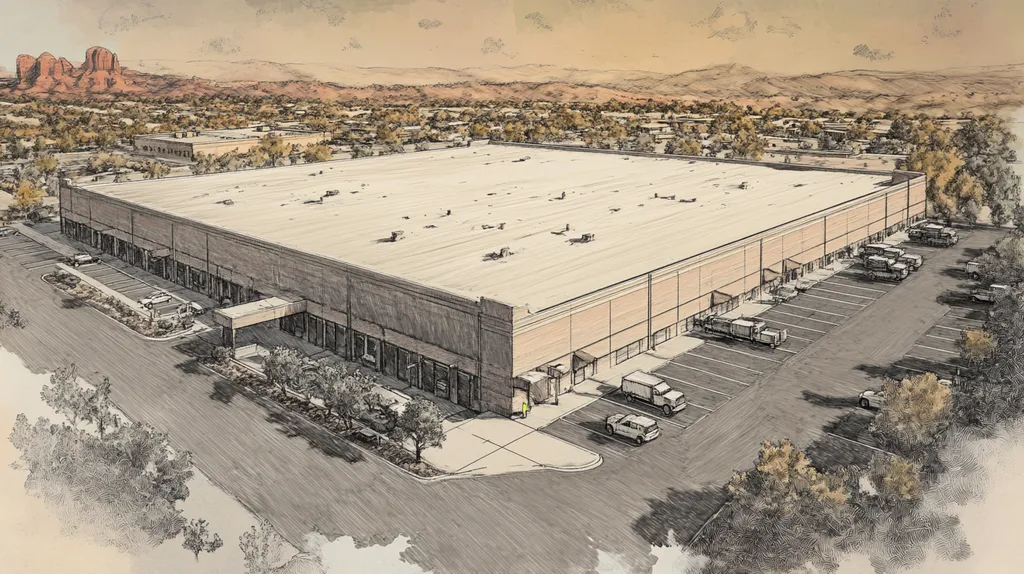 A commercial roof on a warehouse in a location similar to Sedona with a charcoal sketch aesthetic (AI image)