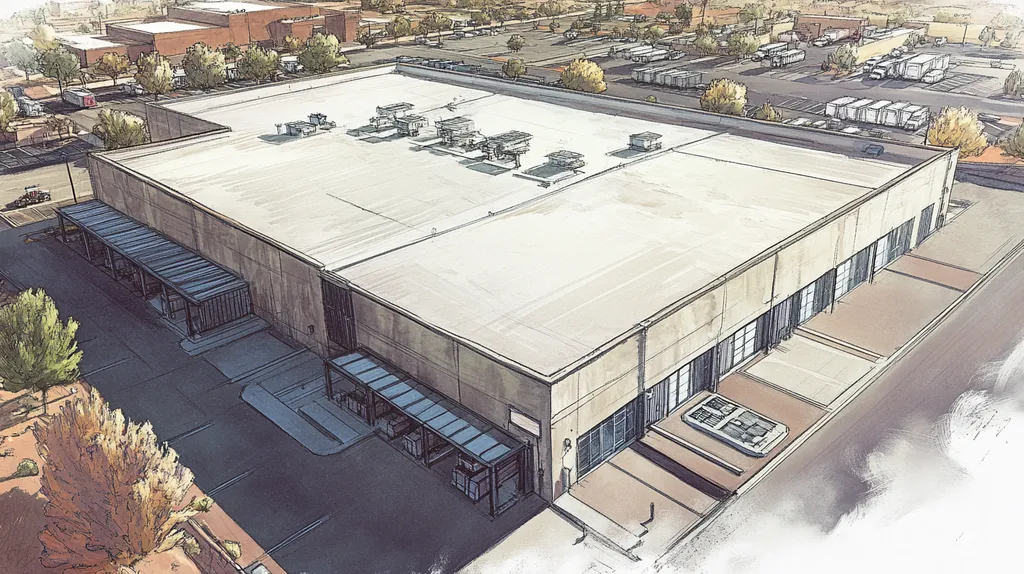 A commercial roof on a warehouse in a location similar to Sedona with a charcoal sketch aesthetic (AI image)