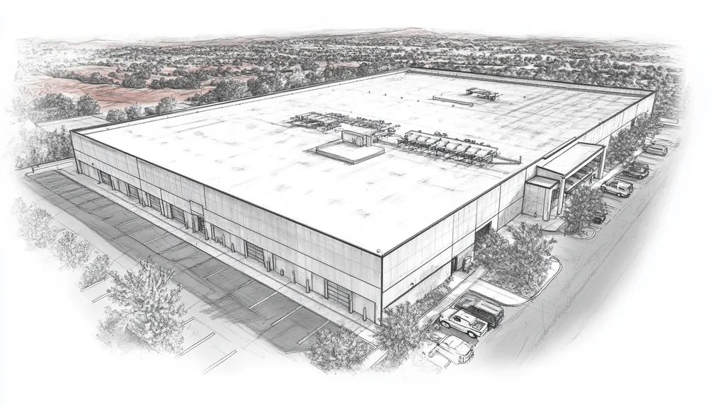 A commercial roof on a warehouse in a location similar to Sedona with a charcoal sketch aesthetic (AI image)