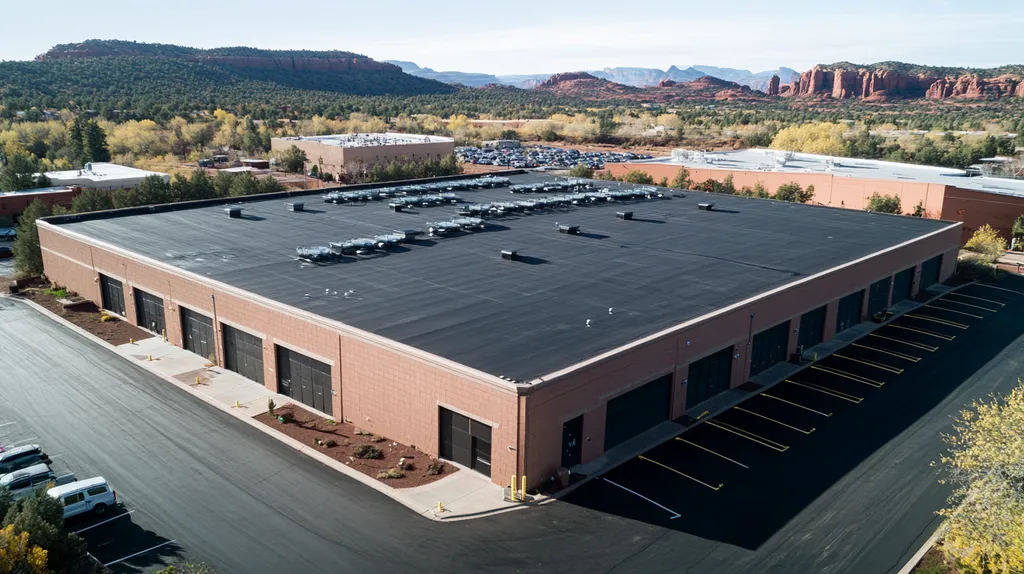 A commercial roof on a warehouse in a location similar to Sedona with a color highlight aesthetic (AI image)