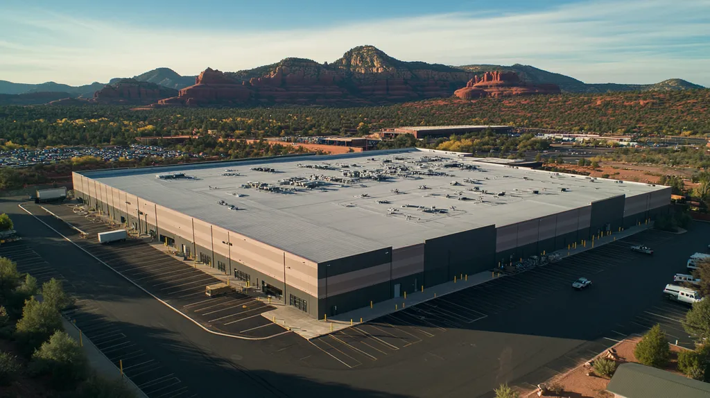A commercial roof on a warehouse in a location similar to Sedona with a color highlight aesthetic (AI image)
